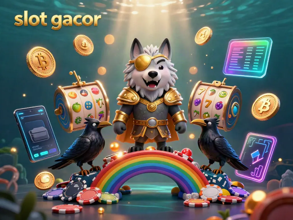 Engage with slot gacor excitement through a vibrant 3D illustration of Odin and raven companions in a casino-themed realm.