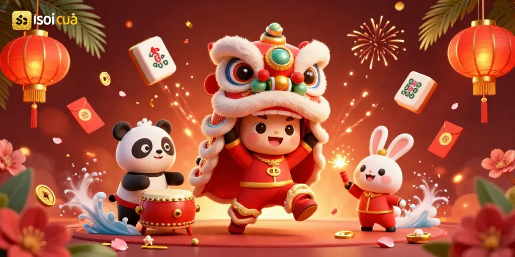 Engage in soi cầu with this vibrant 3D illustration showing Chinese New Year characters celebrating around dynamic casino elements.
