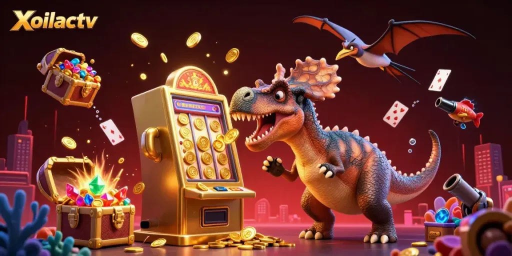Xoilactv jackpot scene featuring a dinosaur activating a golden slot machine payout.