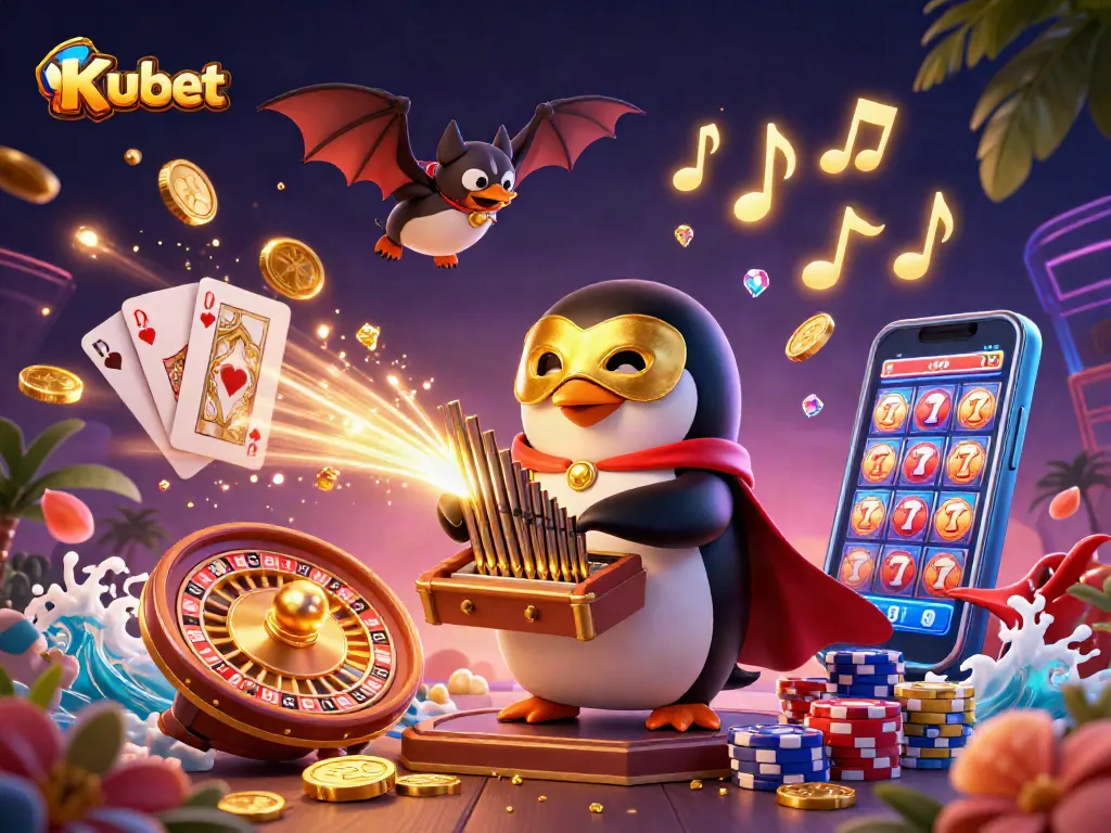 Kubet brings excitement to life with a fantastical penguin organist, golden coins, and vibrant casino elements.