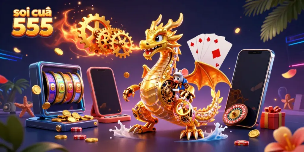 Spin to win with soi cầu 555 showcasing a golden dragon and exciting casino elements in action.