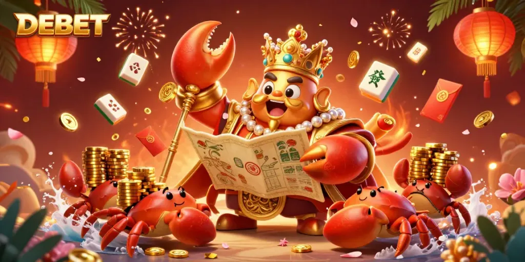 Experience thrilling gameplay at DEBET with a golden crab emperor and vibrant decorations in a dynamic casino scene.