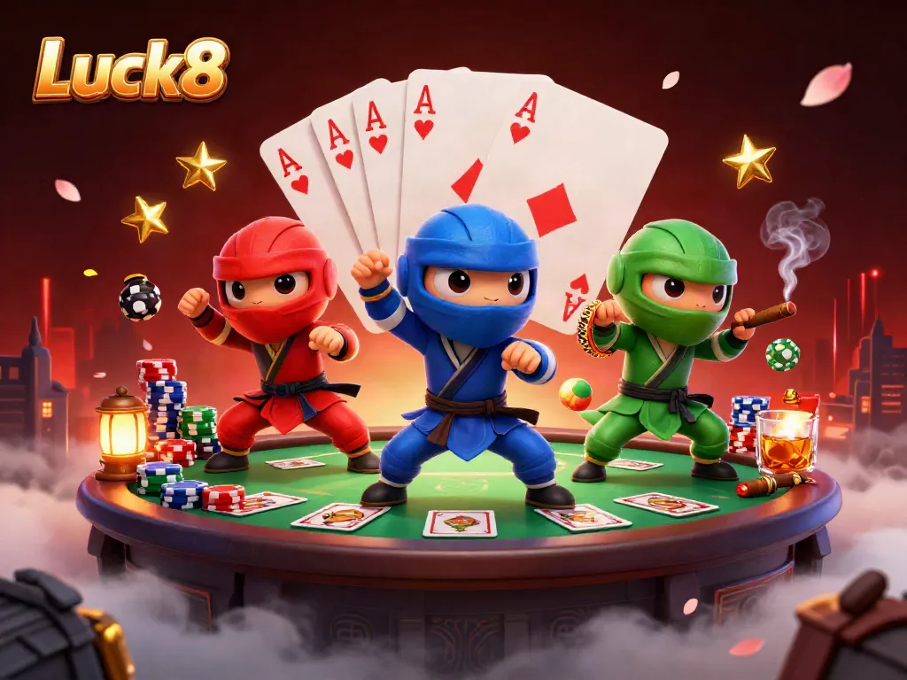 Luck8's vibrant online casino world with ninja chameleons and poker elements, showcasing the excitement of gambling.