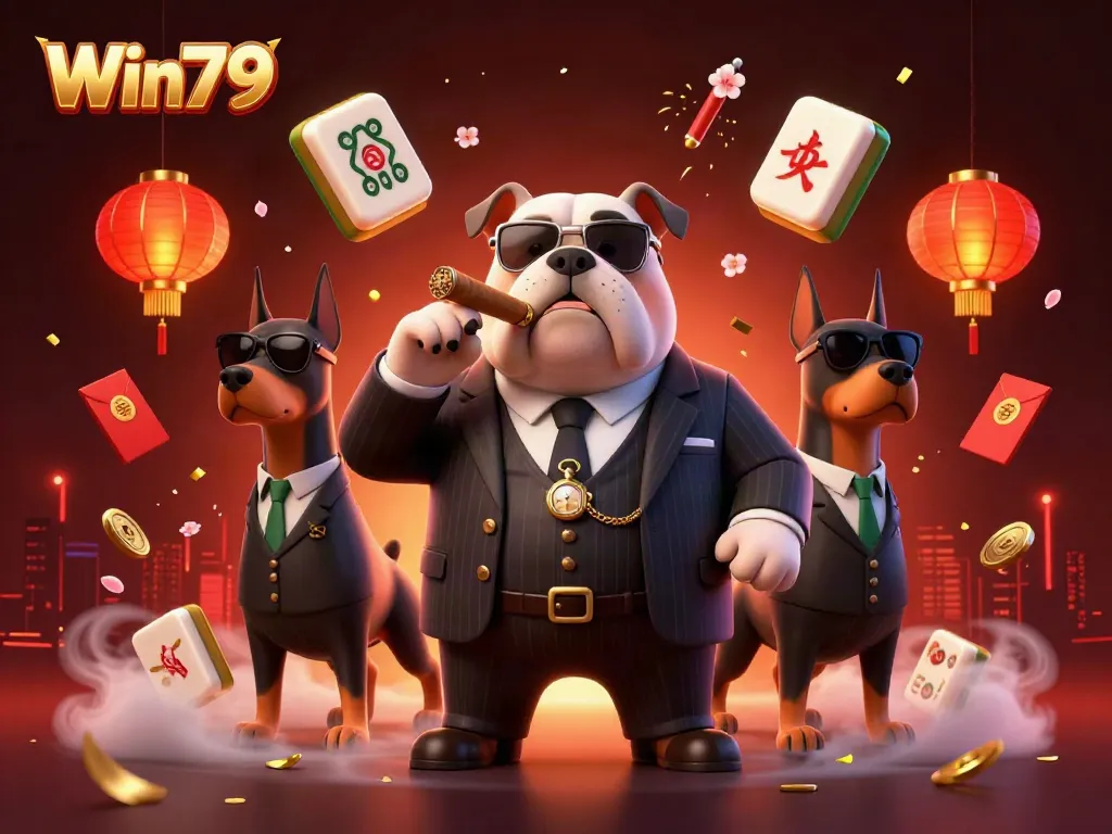 Win79 promotes thrilling gameplay with a mafia boss bulldog and protective Dobermans in a vibrant casino scene.
