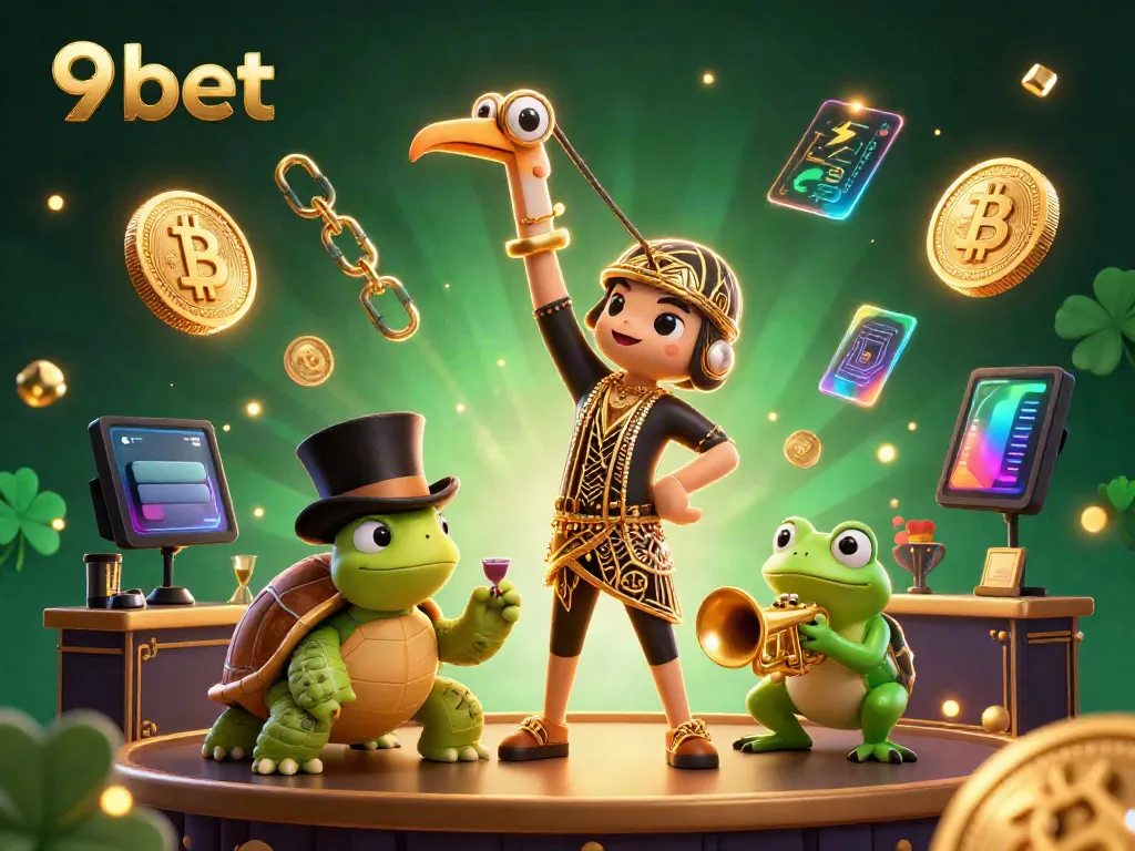 Experience the dynamic action of 9bet's casino world with a vibrant 3D illustration of engaging characters and gaming elements.