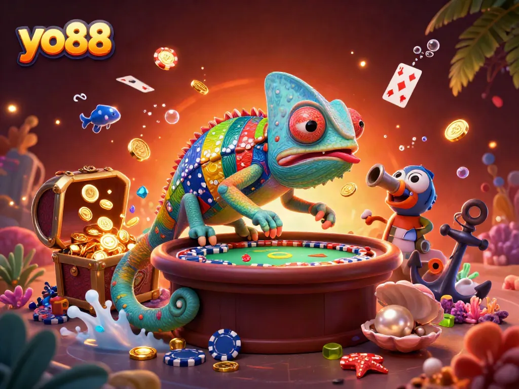 Engage with yo88's vibrant casino atmosphere featuring a chameleon owner and exciting gameplay elements.