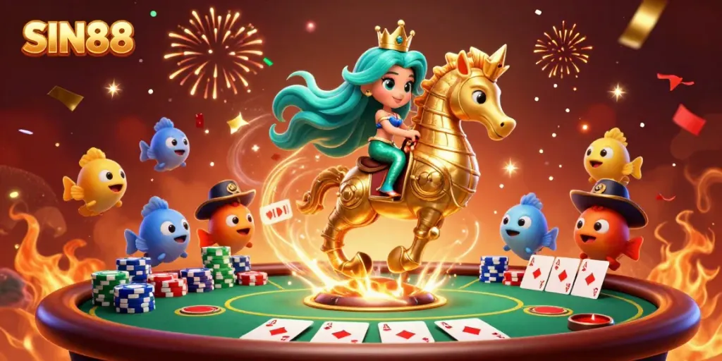 Experience the thrill of SIN88 with a vibrant casino-themed adventure featuring a mermaid and seahorse.