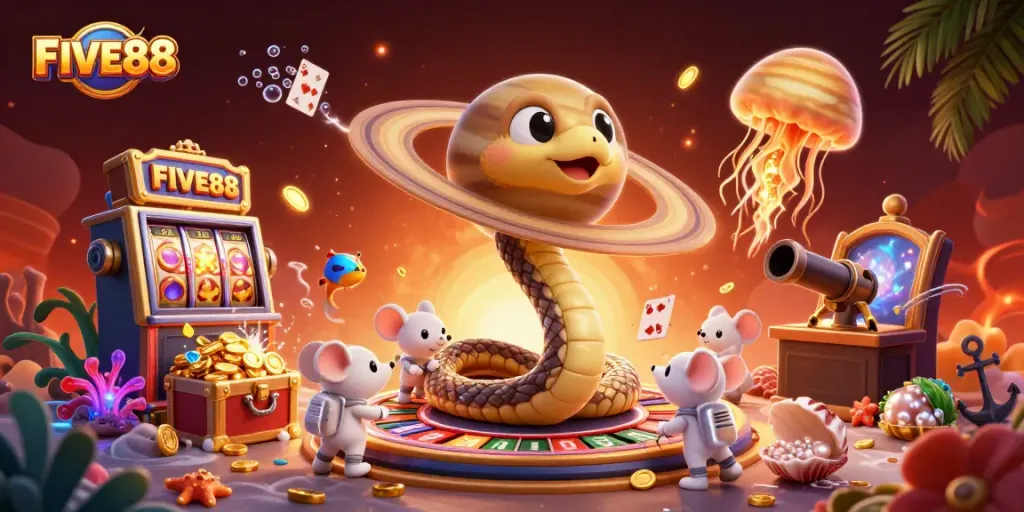 Experience exciting gameplay at FIVE88 with a vibrant casino scene featuring betting astronaut mice and a roulette wheel.