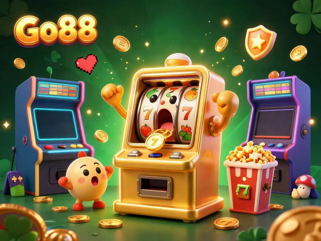 Celebrate a jackpot with Go88's dazzling 3D slot machine illustration filled with vibrant casino elements.