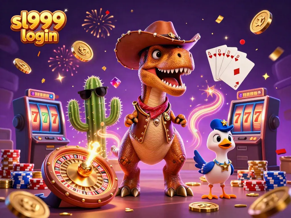 Win big with SL999 login, featuring dynamic 3D casino characters and vibrant gaming elements.
