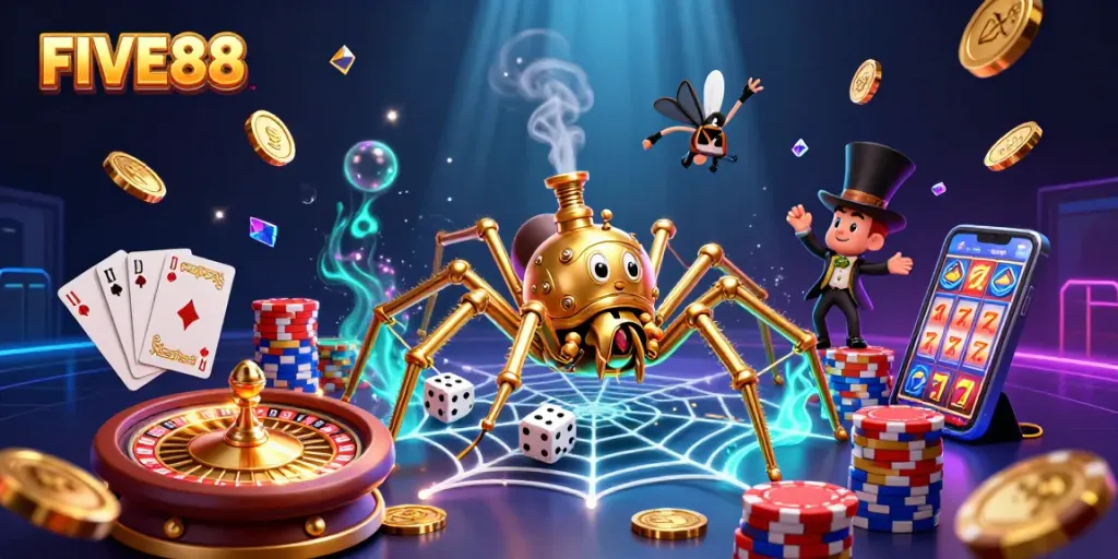 Engage with FIVE88's classic casino adventure amidst golden chains and animated gems.