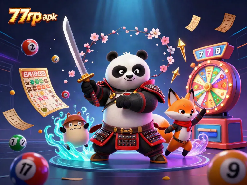 Experience thrilling games with 77rp apk in this dynamic 3D casino illustration showcasing vibrant characters and elements.