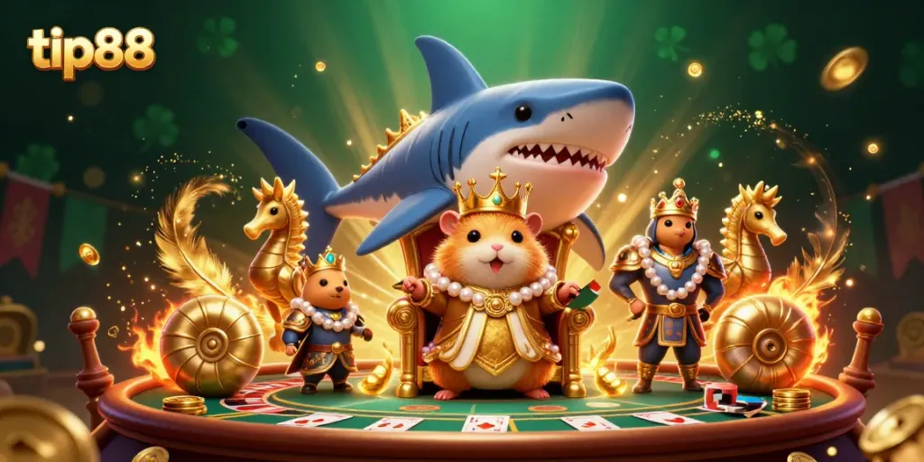 Engage with tip88's immersive live casino scene featuring a golden hamster king and more.