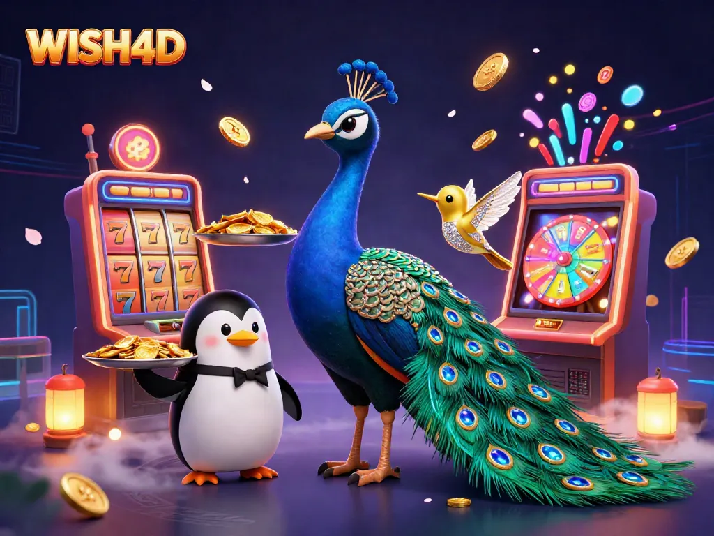 Experience thrilling wins with WISH4D's vibrant slot games and dynamic characters in a captivating casino scene.