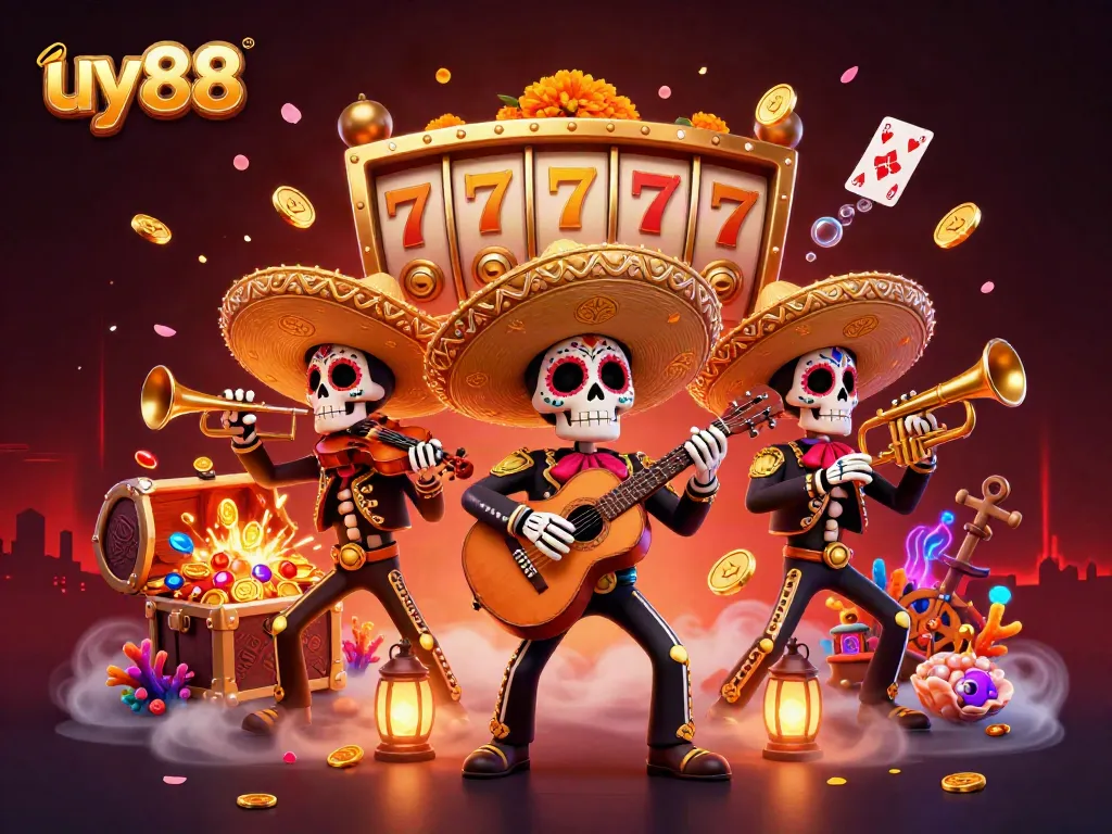 Play slots with uy88 featuring vibrant skeleton mariachi characters and dynamic casino elements.