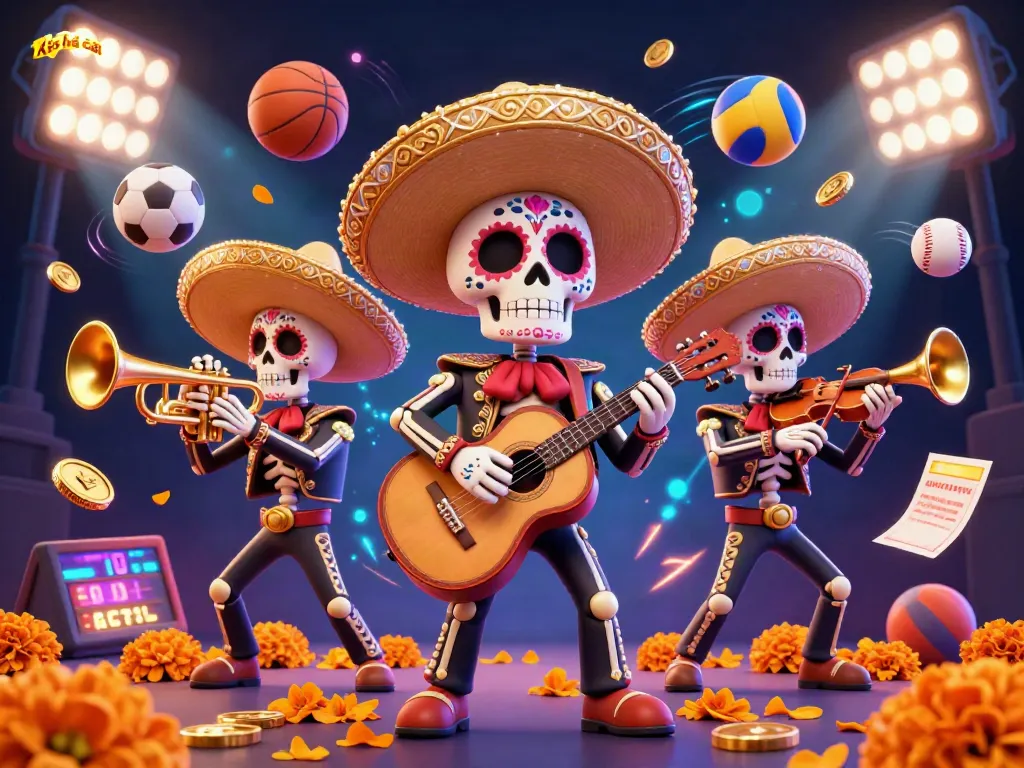 Kèo nhà cái shines in this dynamic illustration featuring a vibrant mariachi band amidst sports elements.