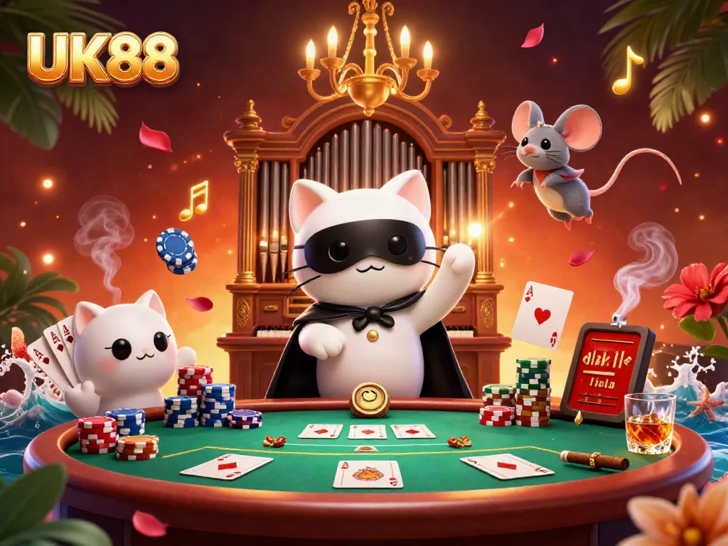 UK88 levitates poker chips while an acrobatic mouse twirls in a vibrant casino scene.