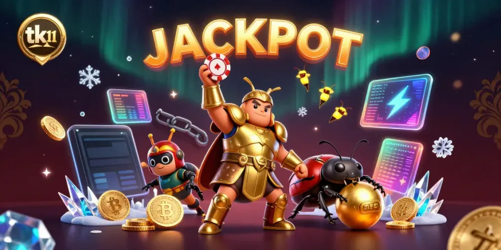 Engage with thrilling jackpots at tk 11, where the hercules beetle celebrates winning with vibrant casino elements.