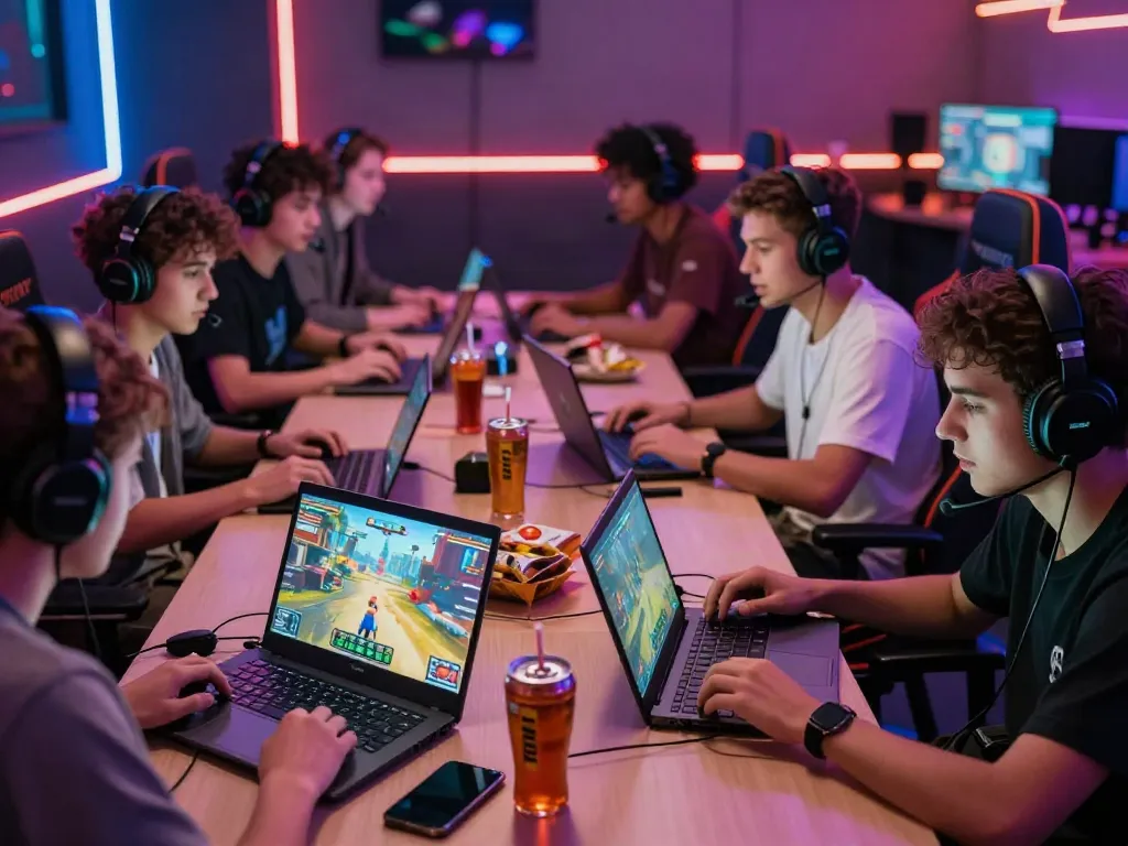 Players engaged in mantul88 login gaming session in a vibrant lounge