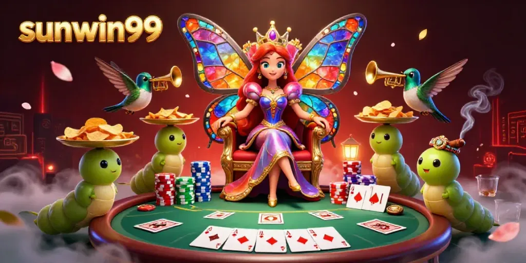 Play exciting poker games with sunwin99, featuring a colorful butterfly queen and vibrant casino elements.
