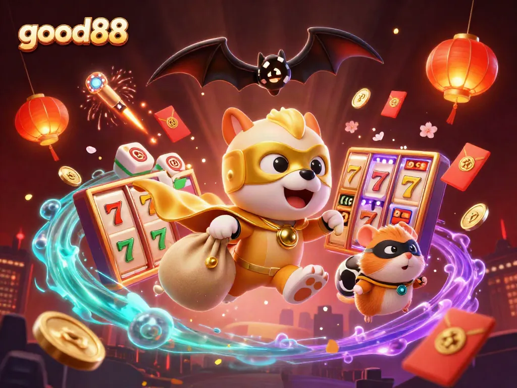 Win big with good88 in a vibrant 3D casino illustration featuring superheroes and slot reels.