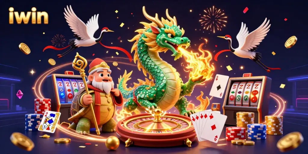 Engage with iwin's thrilling dragon and turtle scene amidst flying coins and a vibrant casino atmosphere.