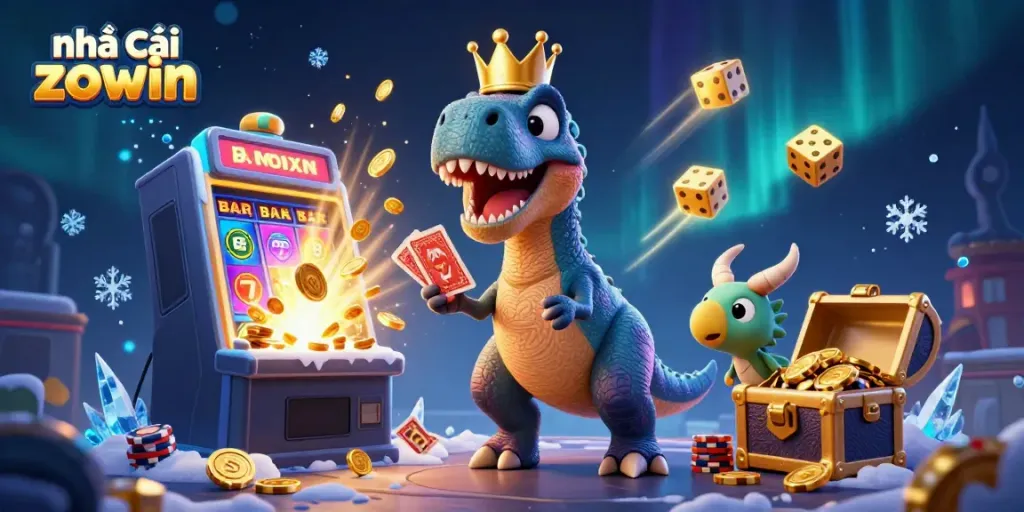 Experience thrilling gameplay at nhà cái zowin with cartoon creatures enjoying casino games amid a colorful jackpot.