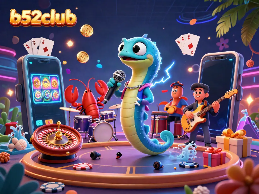 Engage with b52club as the electric eel DJ performs amidst dynamic slot games, vibrant colors, and aquatic characters.