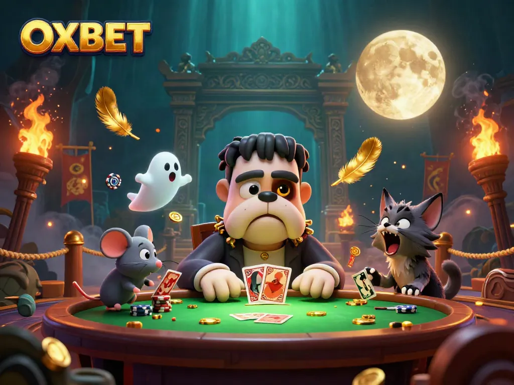 Engage with OXBET's exciting gameplay as a Frankenstein bulldog deals cards at a lively casino scene.