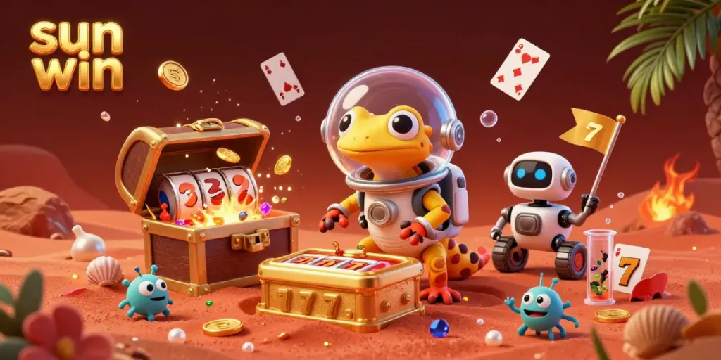 Experience the excitement of sun win casino with a Martian gecko and treasures in this vibrant illustration.