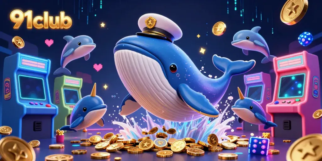 Engage with 91club's thrilling casino fun featuring a whale and dolphins among poker chips.