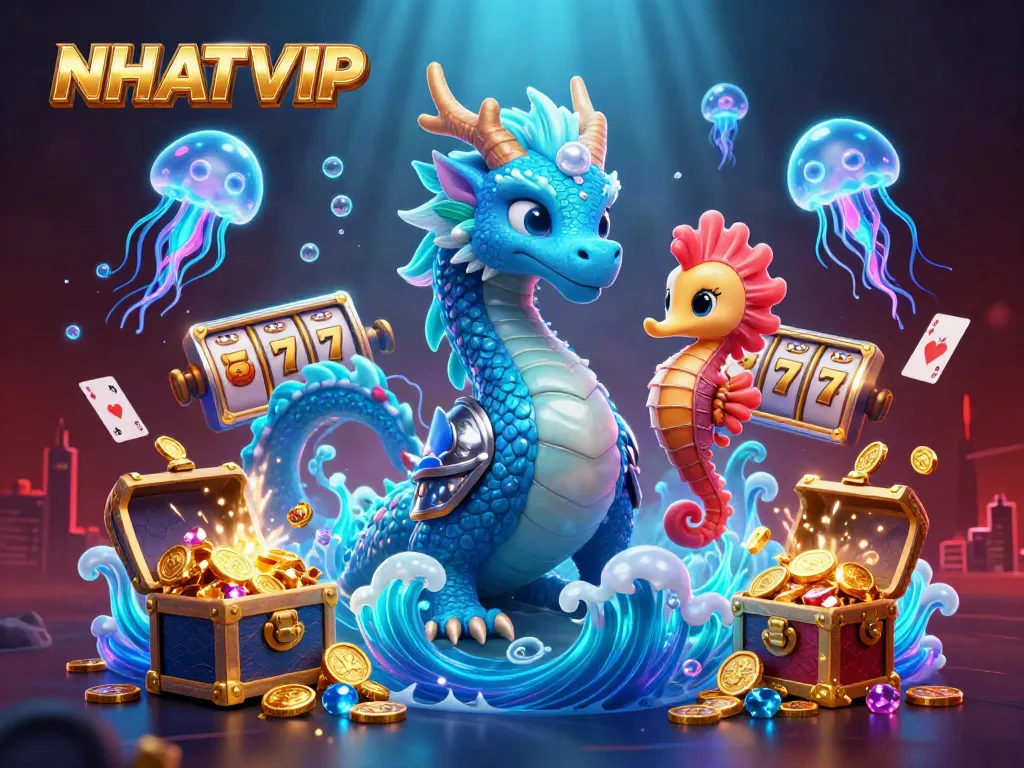 NhatVIP showcases an action-packed underwater casino scene with a glowing dragon and treasure elements.