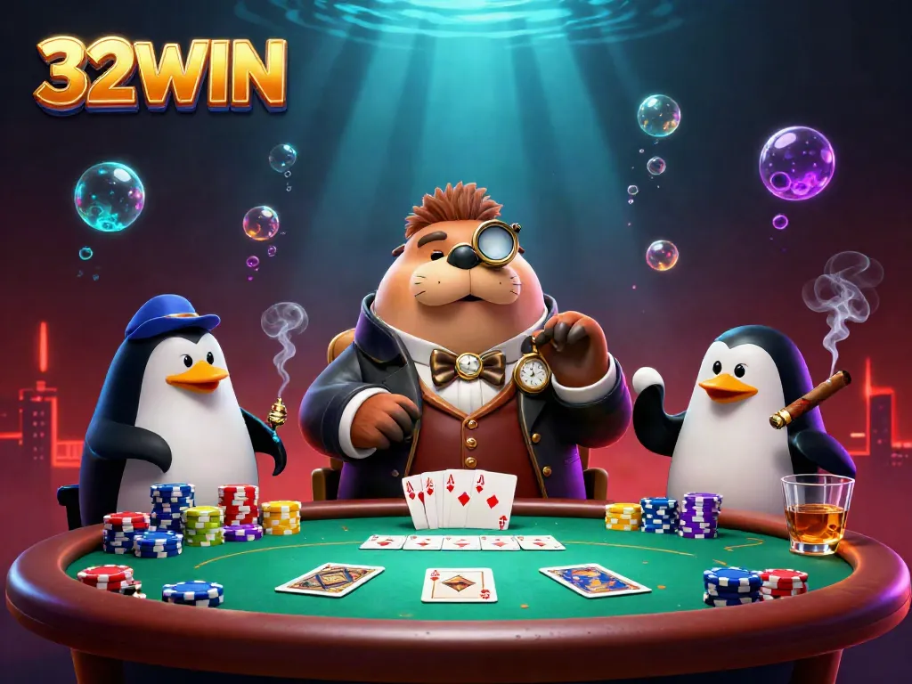Experience thrilling poker at 32WIN with a walrus dealer and witty competition.