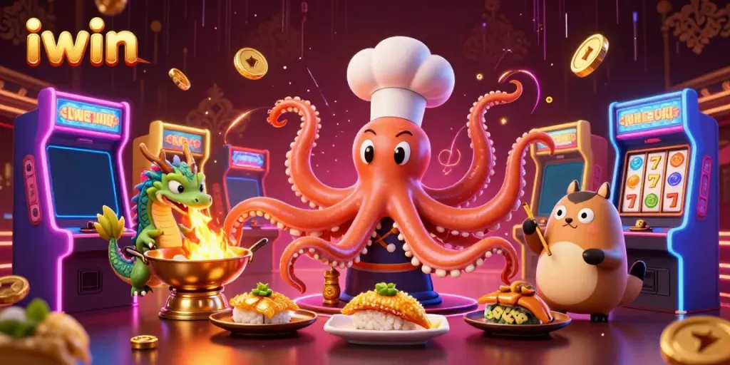 Experience iwin’s vibrant casino world with a dynamic scene featuring colorful games and characters.