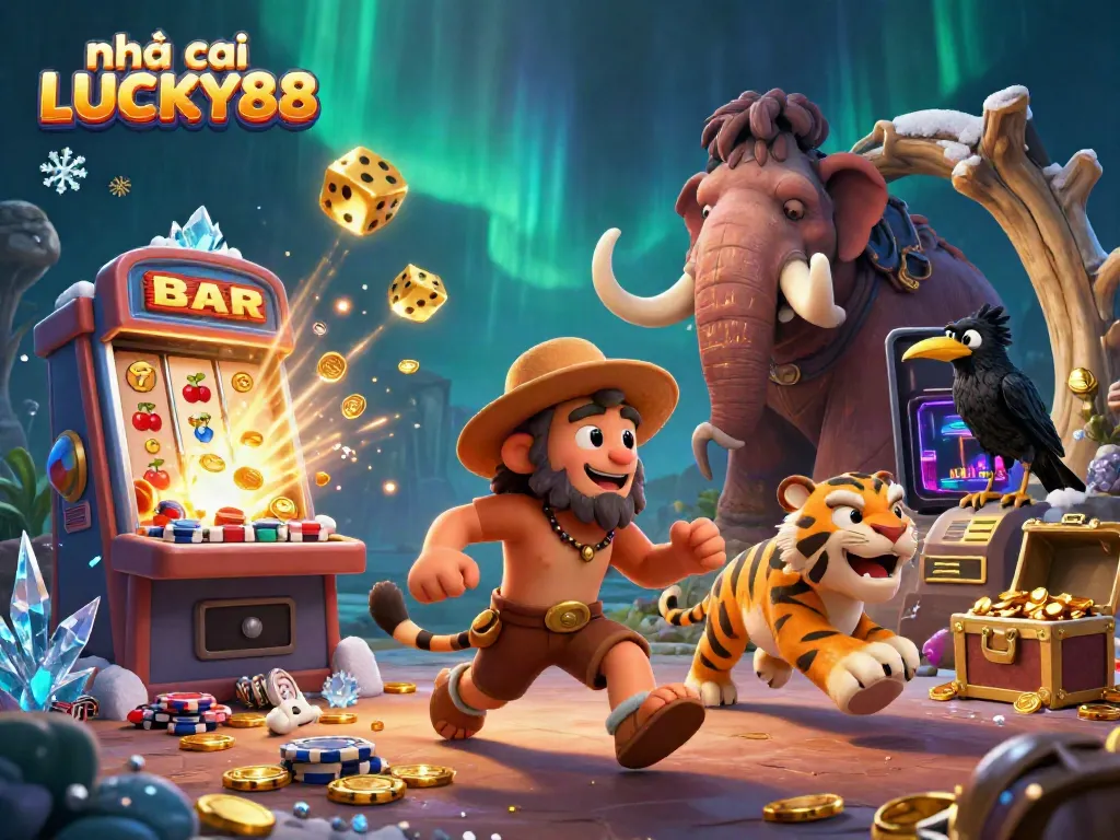Experience the thrill at nhà cái LUCKY88's prehistoric casino with cartoon characters and vibrant game elements.