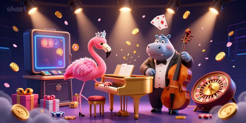 Experience vibrant casino gaming with SIN88, featuring a flamingo singer and hippo bassist in a lively setting.