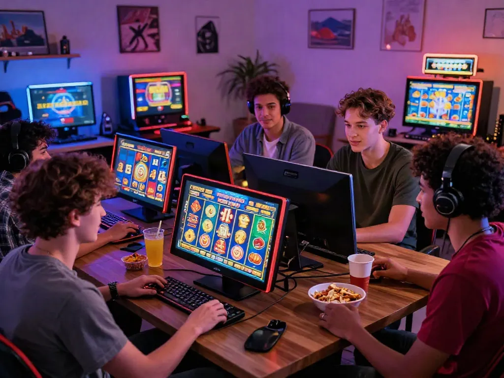 Exciting gaming scene featuring diverse friends playing slot gacor gampang menang on mobile devices, with vibrant graphics and a cozy atmosphere.
