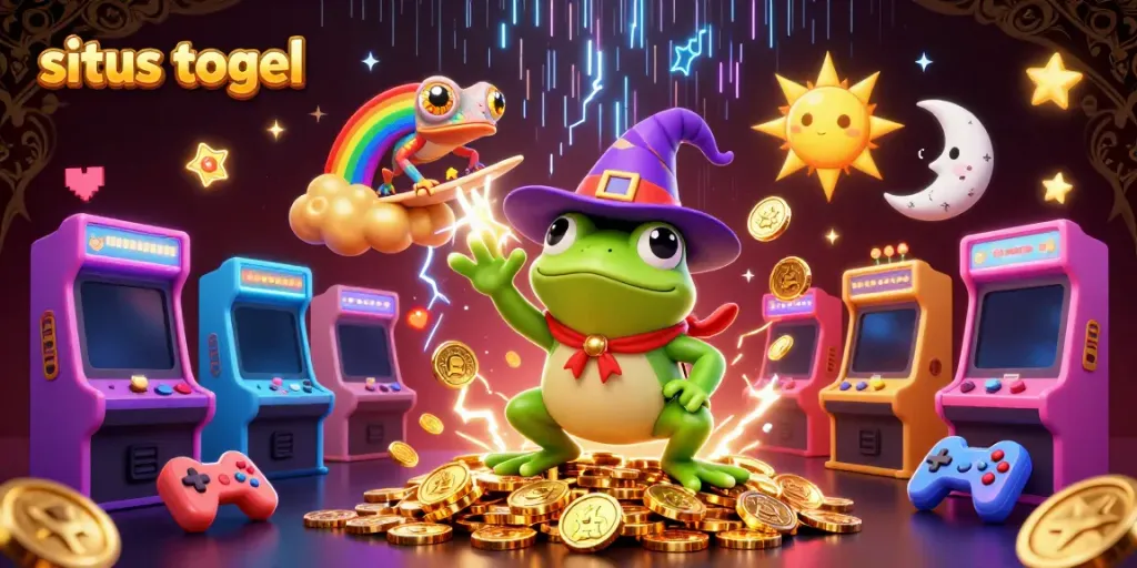 Engage with situs togel in a vibrant 3D animated gambling world filled with gold coins and arcade machines.
