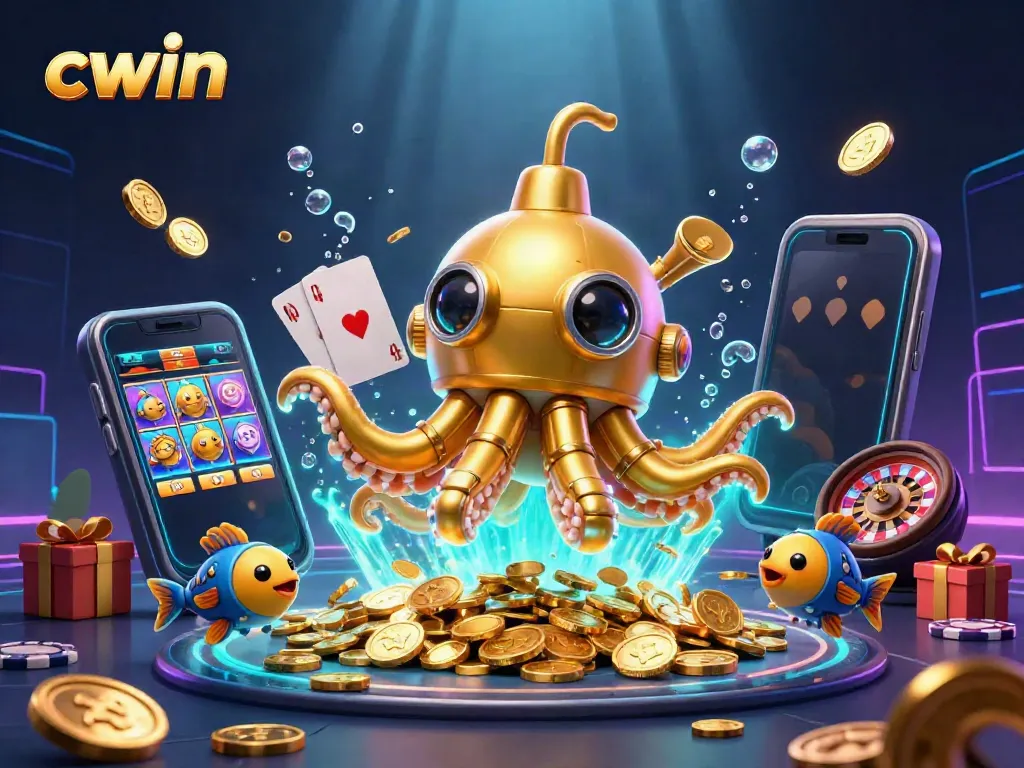 Spin and win with CWIN in this vibrant underwater casino scene featuring a golden kraken!