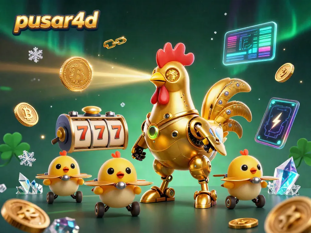 Pusar4d's dynamic casino scene features a golden rooster robot and baby chick drones amidst slot reels and crypto coins.