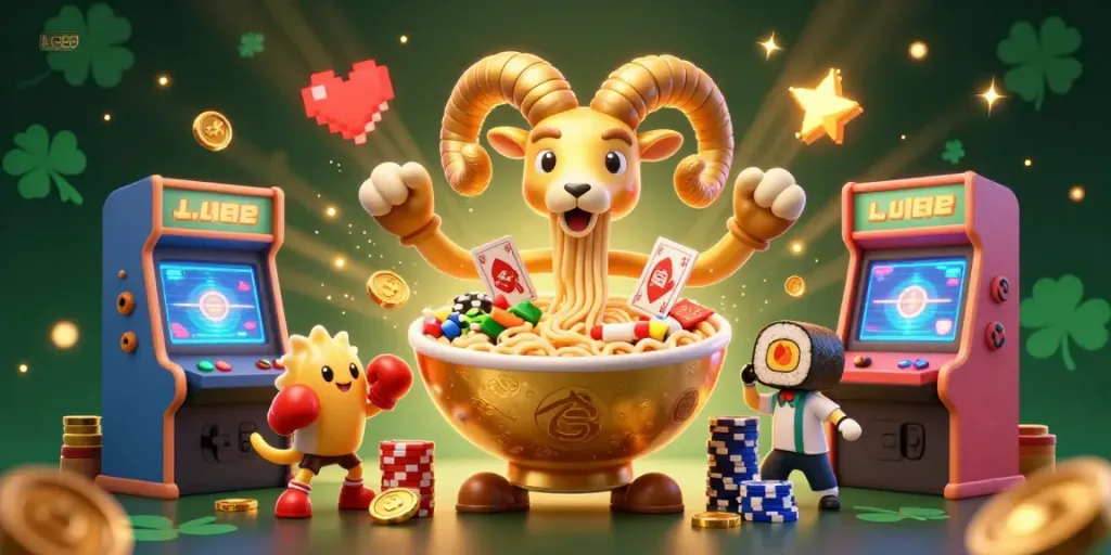 LC88 offers an exciting scene of gambling with a cartoon ramen bowl and sushi dealer amidst vibrant arcade elements.