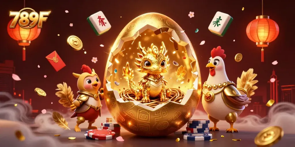 Experience the excitement of 789F with a golden dragon and poker chips in a dazzling casino scene.
