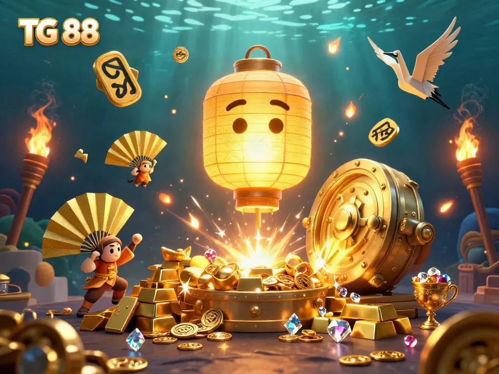 Engage in thrilling games of chance at TG 88’s visually stunning casino illuminated by a golden lantern spirit.