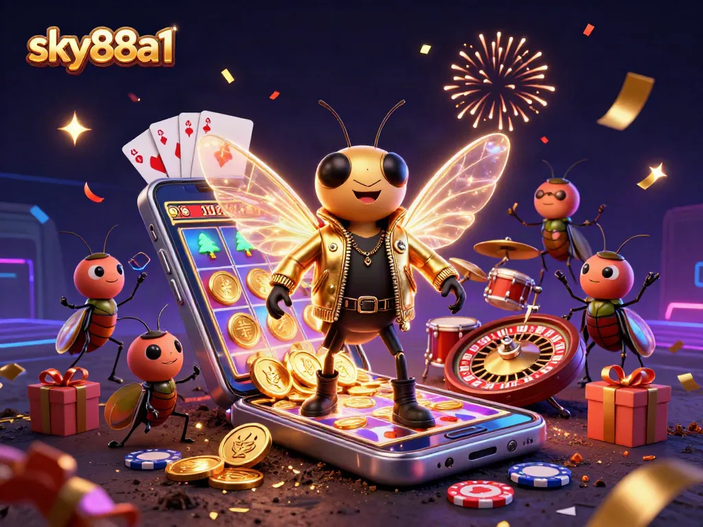 Engaging in exciting games with sky88a1, featuring a vibrant 3D casino illustration.