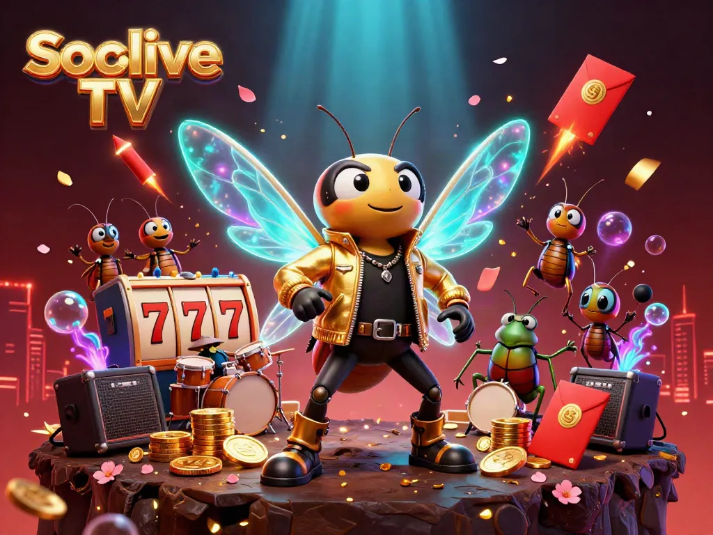 Experience the excitement of Socolive TV with cartoon characters in a vibrant gambling scene featuring slot reels and golden coins.