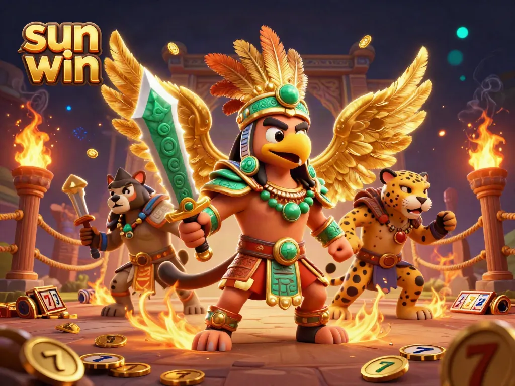Engage with the sun win slot experience in a vibrant setting filled with golden tokens and Aztec warriors.