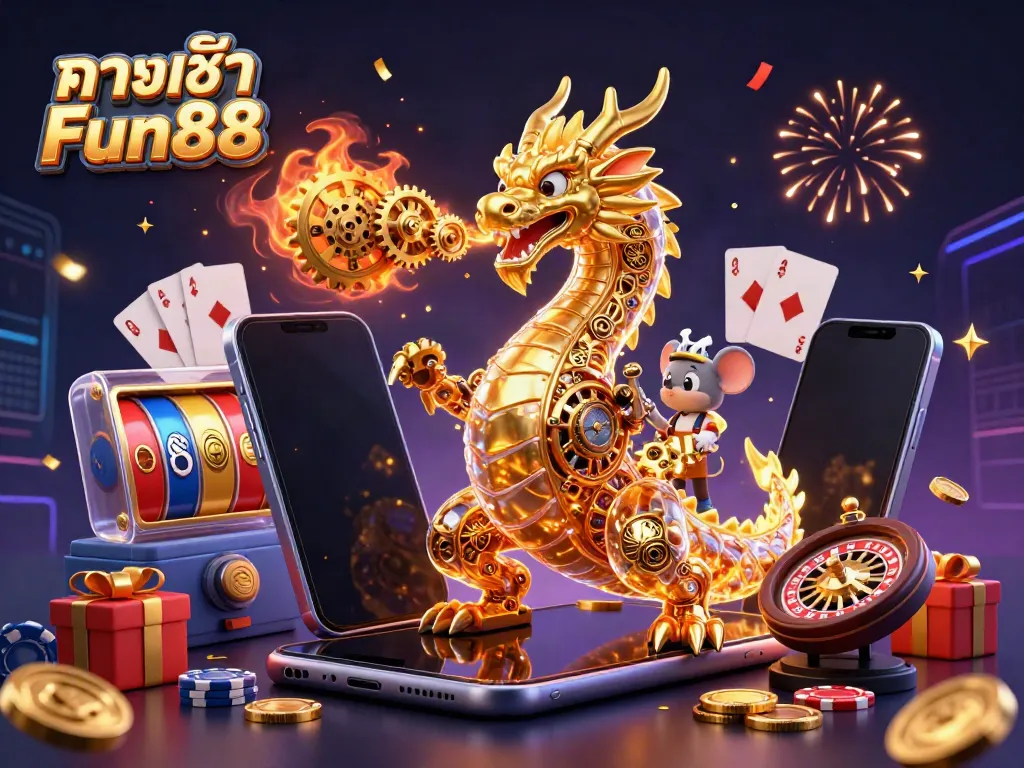 Engage with ทางเข้า Fun88, experiencing vibrant slots and casino action in a dynamic 3D scene.