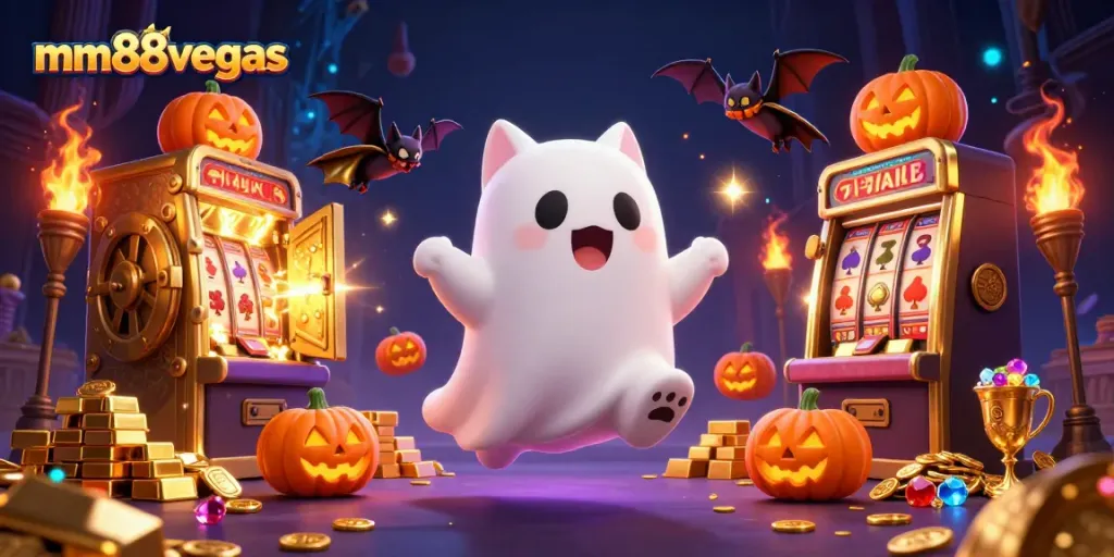 Engage with exciting gaming moments at mm88vegas, featuring a friendly ghost cat and treasure-filled surroundings.
