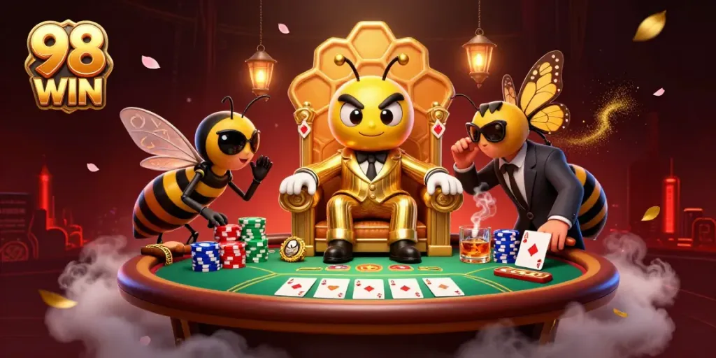 Engage with 98 WIN at a lively casino table featuring animated characters and vibrant details.