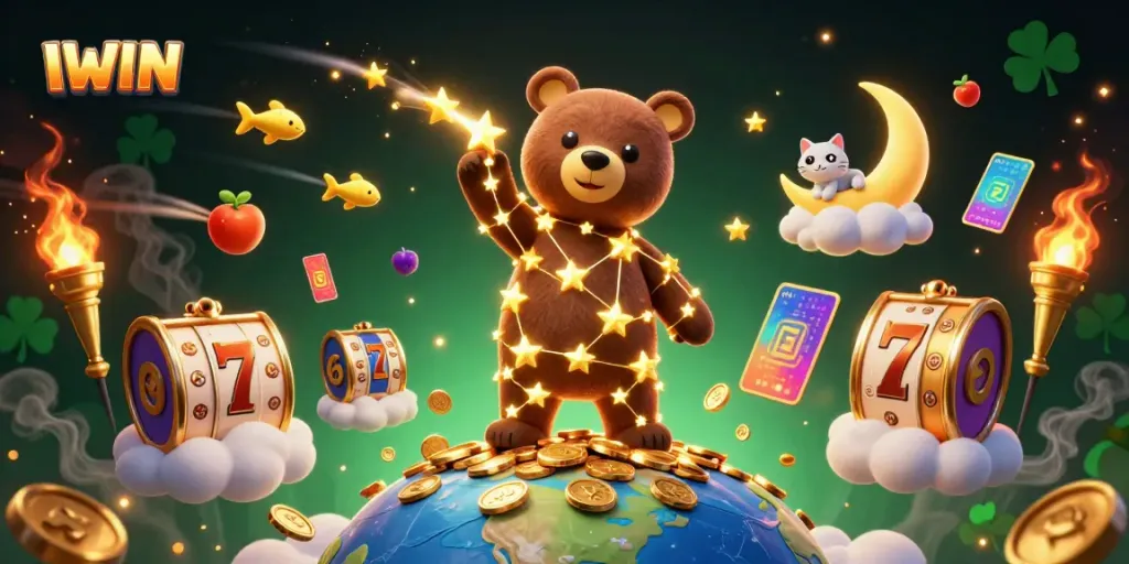 IWIN jackpot experience featuring golden constellation bear with coins, slot reels, and vibrant casino elements.
